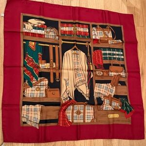 Burberry Silk Scarf – Equestrian Closet Print – Red Border – Vintage